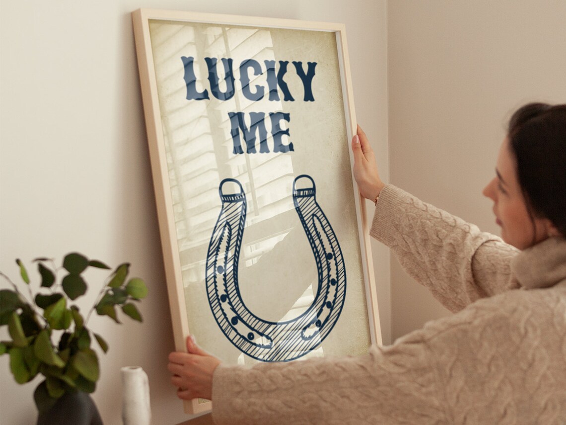 Lucky Me Navy Horseshoe Vintage Western Positive Affirmation Art Poster - Image 2