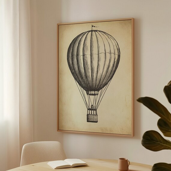 Antique Hot Air Balloon Vintage Retro Ink Sketch Travel Poster
