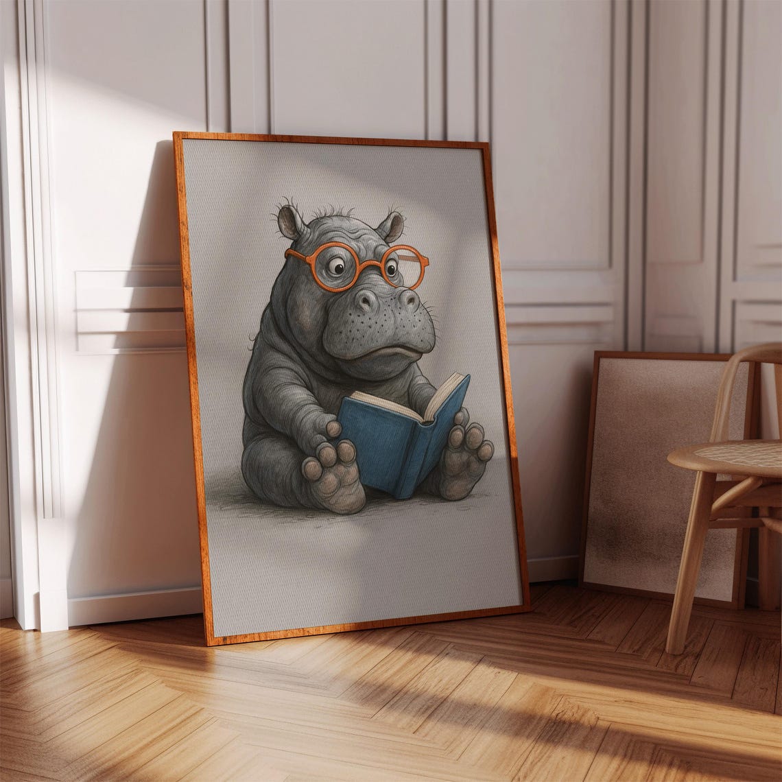 Cute Baby Hippo Reading, Funny Animal Decor - Image 3