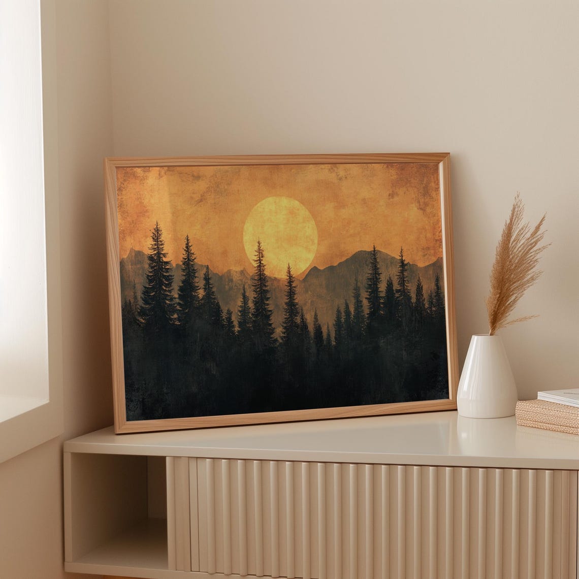 Rustic Sunset Forest Painting Moody Mountain Wall Art Silhouette Pine Trees Warm Nature Print Scenic Wilderness Decor - Image 4