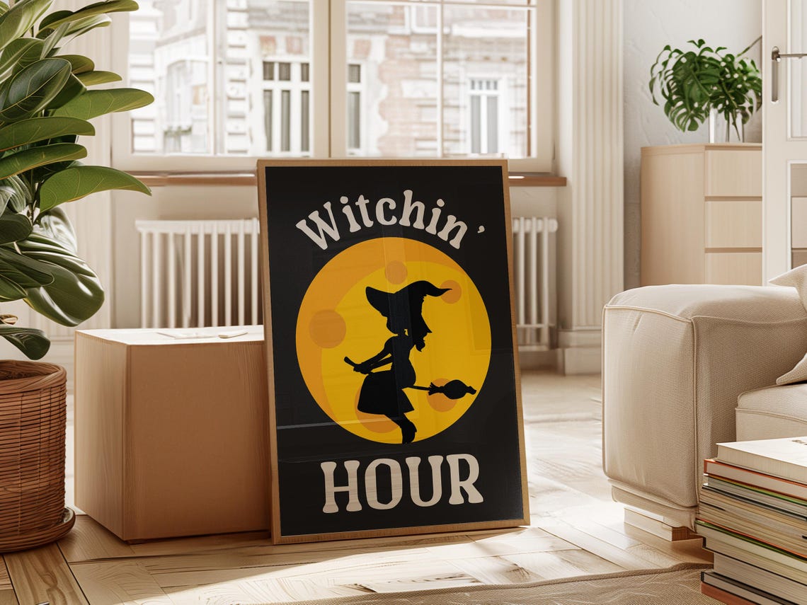 Witchin Hour Witch On Broomstick Full Moon Silhouette Halloween Poster