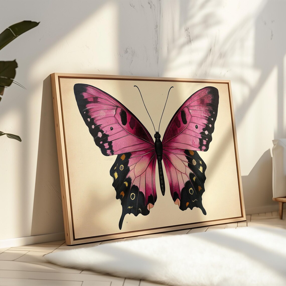 Pink Butterfly Vintage Insect Illustration, Botanical Charm