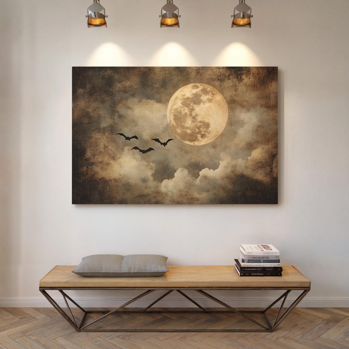 Vintage Full Moon Night Sky Flying Bats Spooky Halloween Gothic Print - Image 3