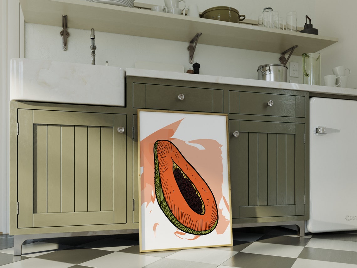 Papaya Half Ink Sketch Tropical Fruit Kitchen Wall Art Print - Image 4