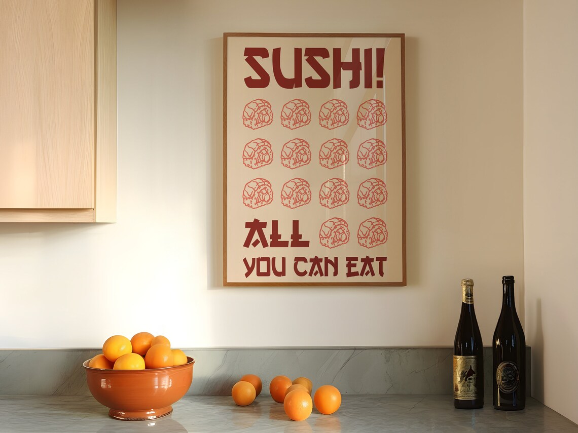 Sushi All You Can Eat Retro Japanese Kitchen Typography Food Poster