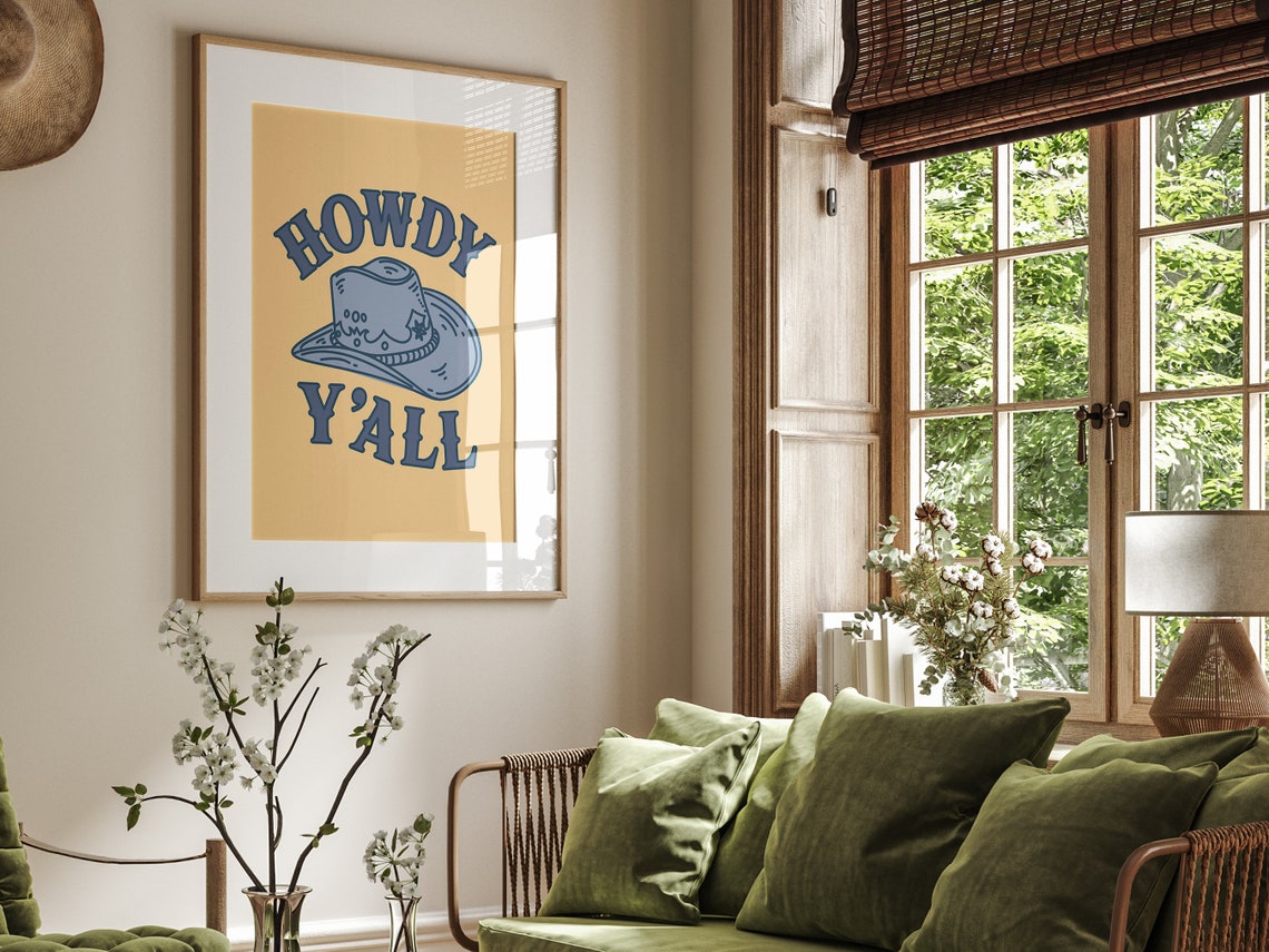 Howdy Y'all Cowboy Hat Vintage Western Typography Quote Wall Art - Image 2