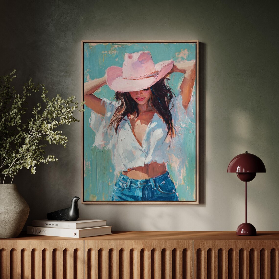 Cowgirl Pink Hat White Blouse Denim Western Oil Painting Wall Art - Image 4