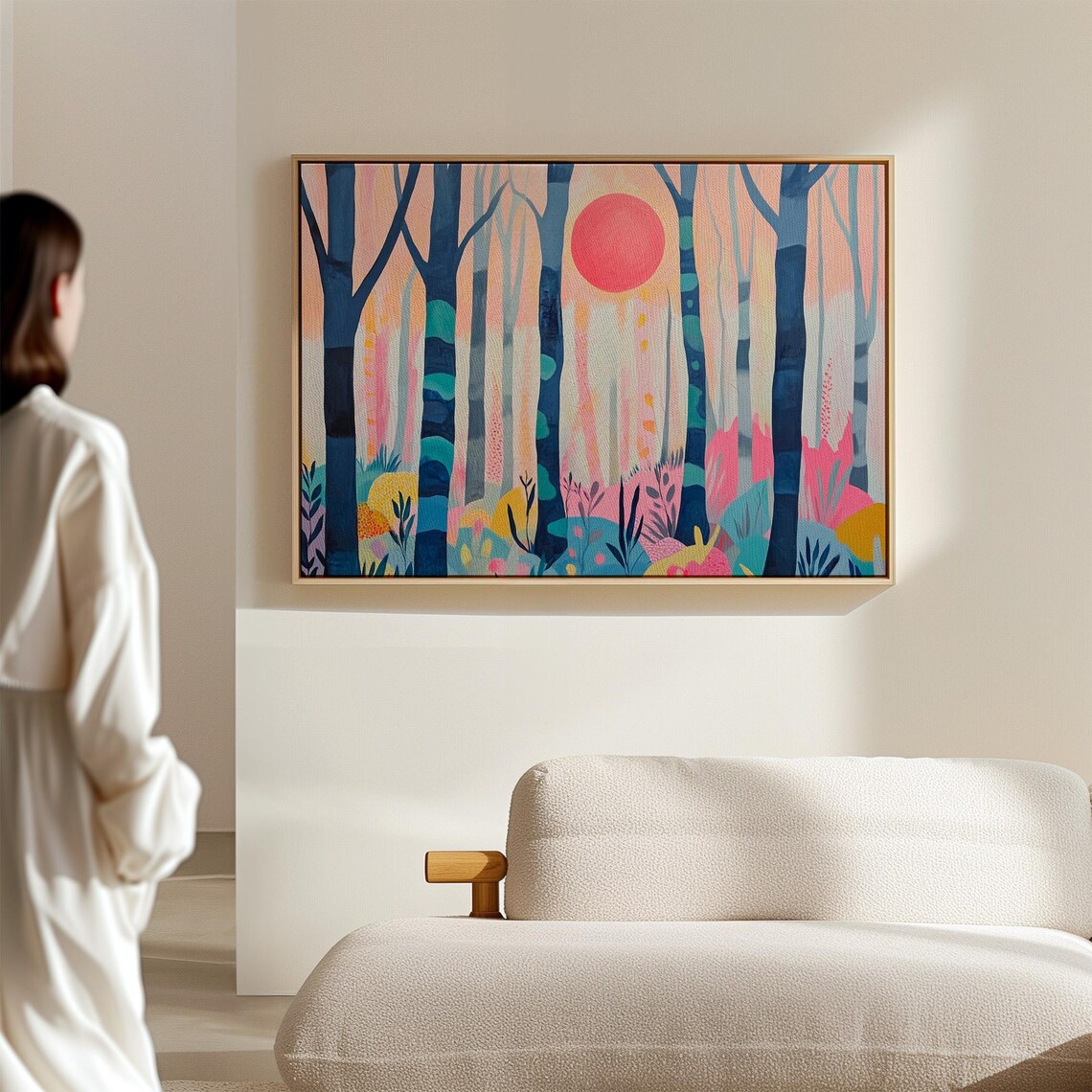 Whimsical Forest Landscape With Pink Sun Abstract Nature Painting Style Prints In Pastel Shades - Image 4