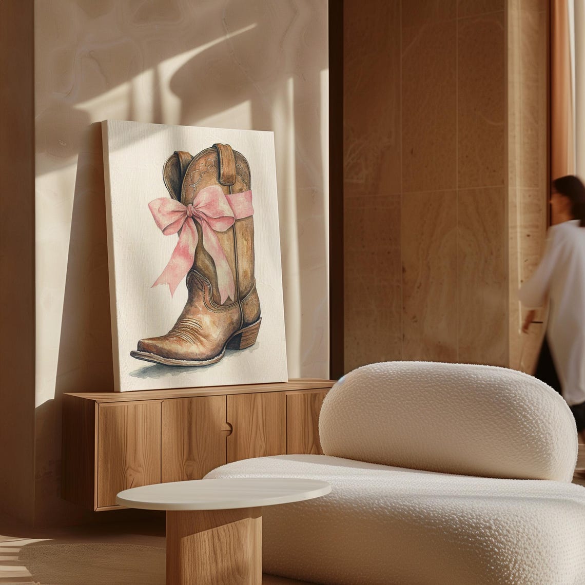 Rustic Watercolor Cowboy Boot With Pink Bow Western Inspired Artwork For Country Home Decor And Charming Gift Ideas - Image 2