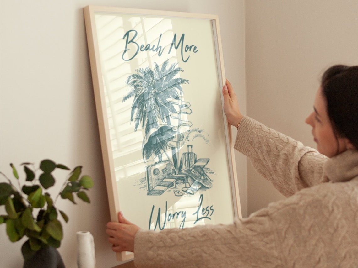 Beach More Worry Less Teal Palm Tree Script Coastal Quote Poster