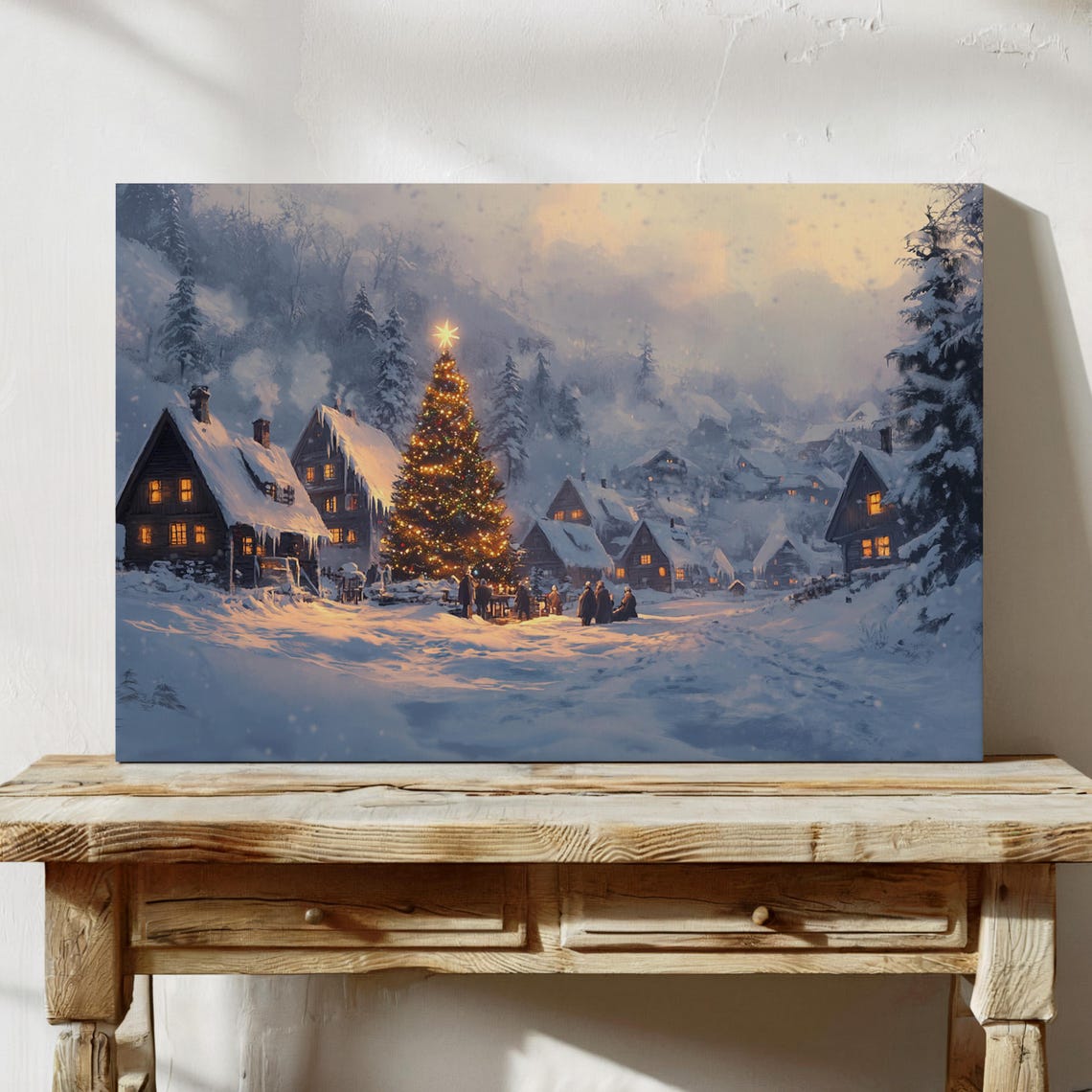 Cozy Snowy Christmas Village Tree Glowing Windows Winter Art Poster
