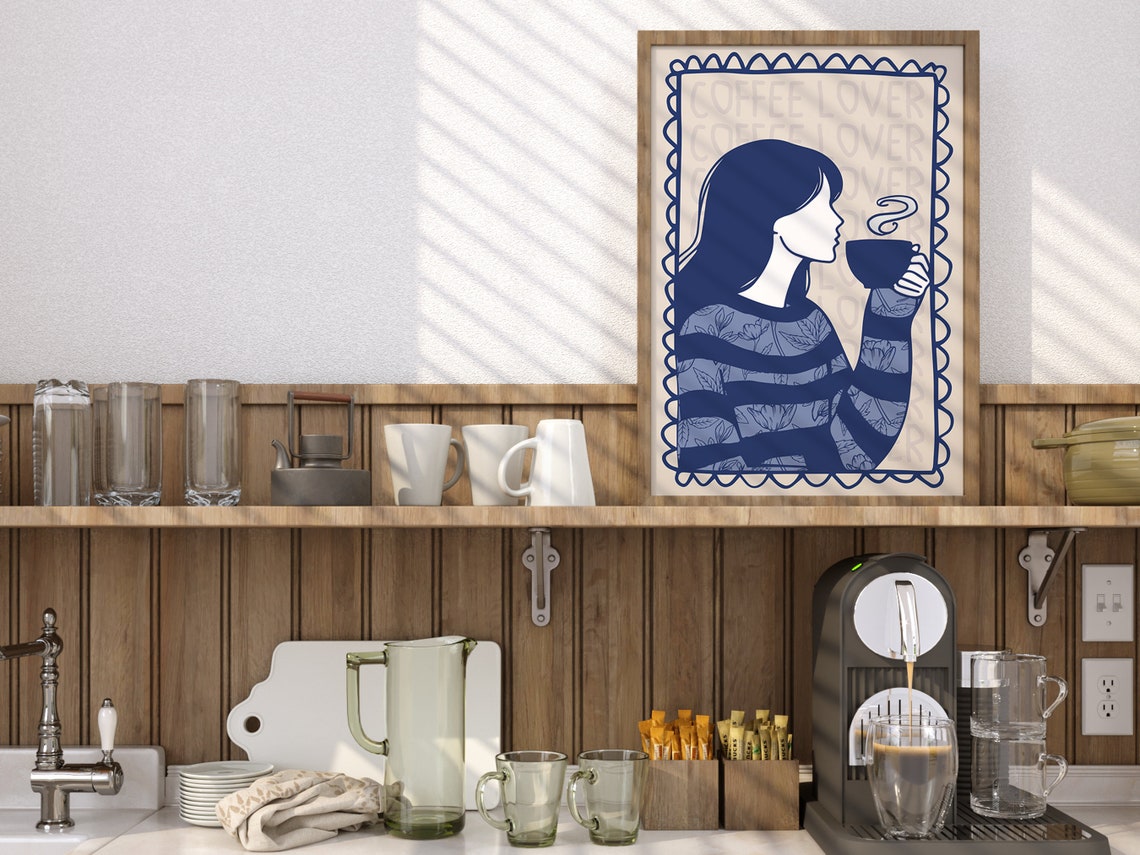 Coffee Lover Navy Illustration Woman Sipping Coffee Kitchen Wall Art - Image 4