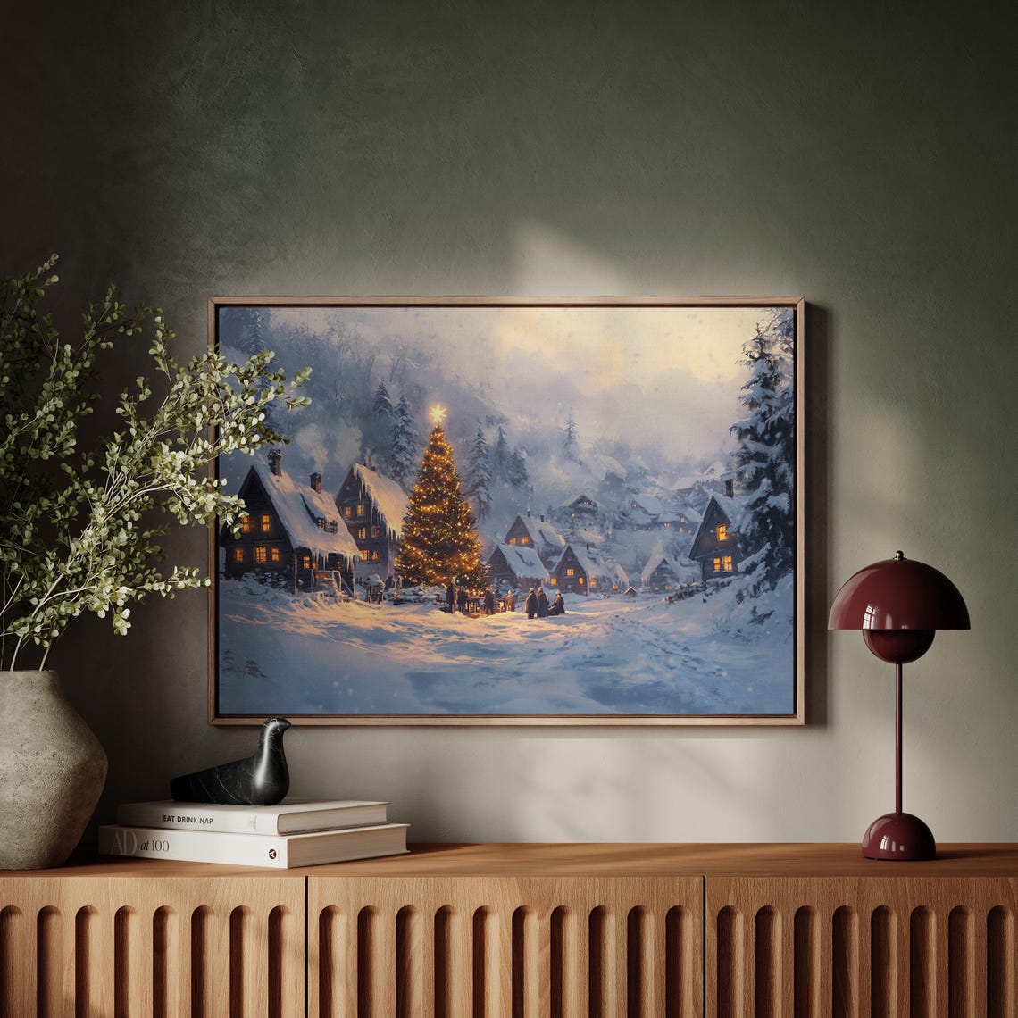 Cozy Snowy Christmas Village Tree Glowing Windows Winter Art Poster - Image 5