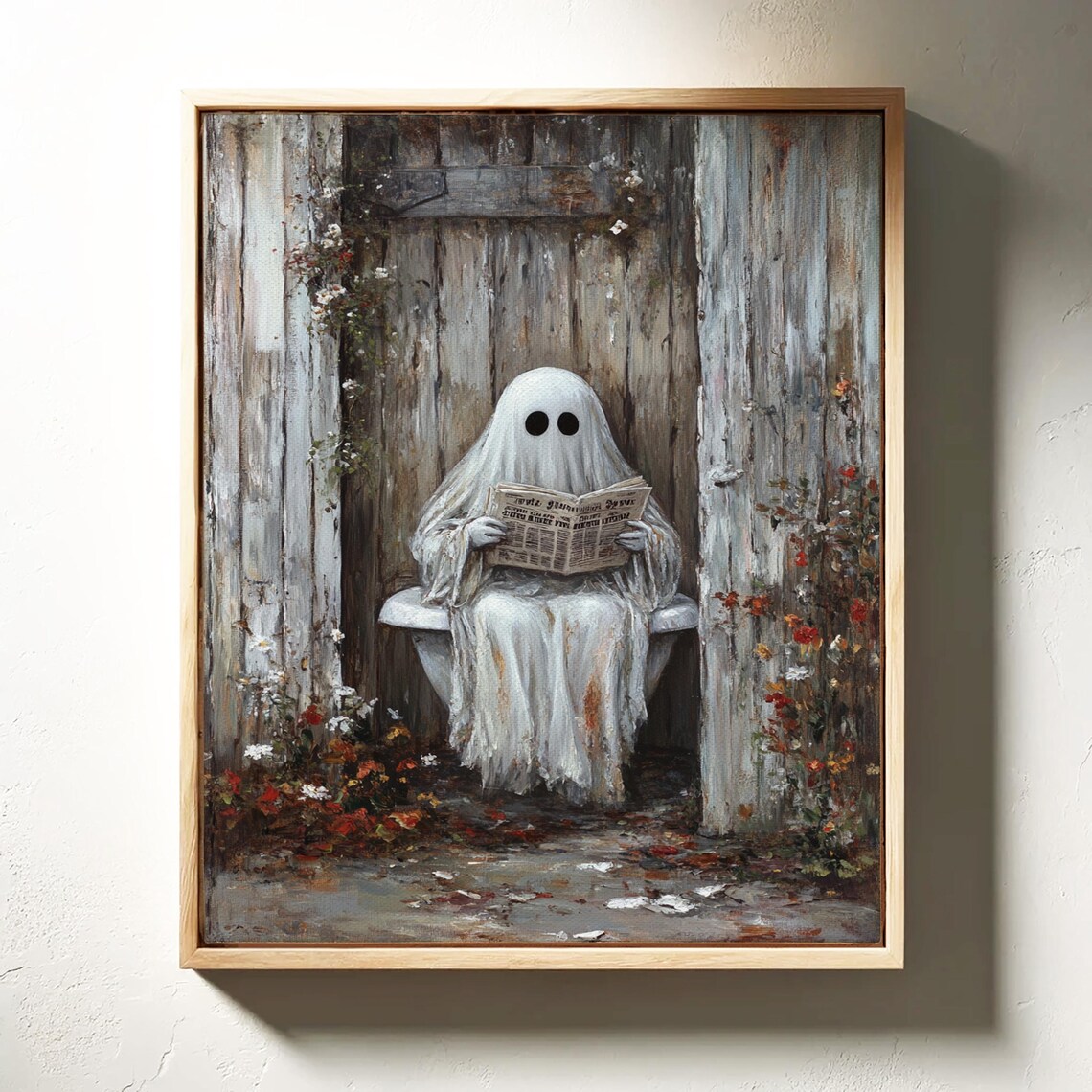 Cute Ghost Toilet Reading Newspaper Vintage Outhouse Halloween Funny Art Print - Image 5
