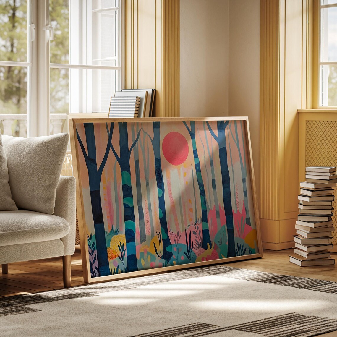 Whimsical Forest Landscape With Pink Sun Abstract Nature Painting Style Prints In Pastel Shades - Image 3