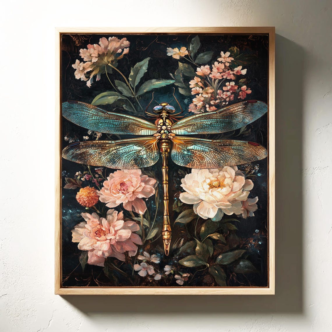 Golden Dragonfly Dark Floral Peony Botanical Gothic Wall Art Print - Image 3