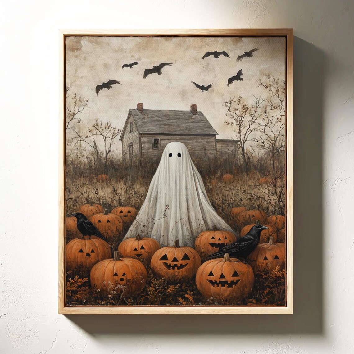 Cute Ghost Among Jack O Lanterns Vintage Halloween Haunted House Poster - Image 4