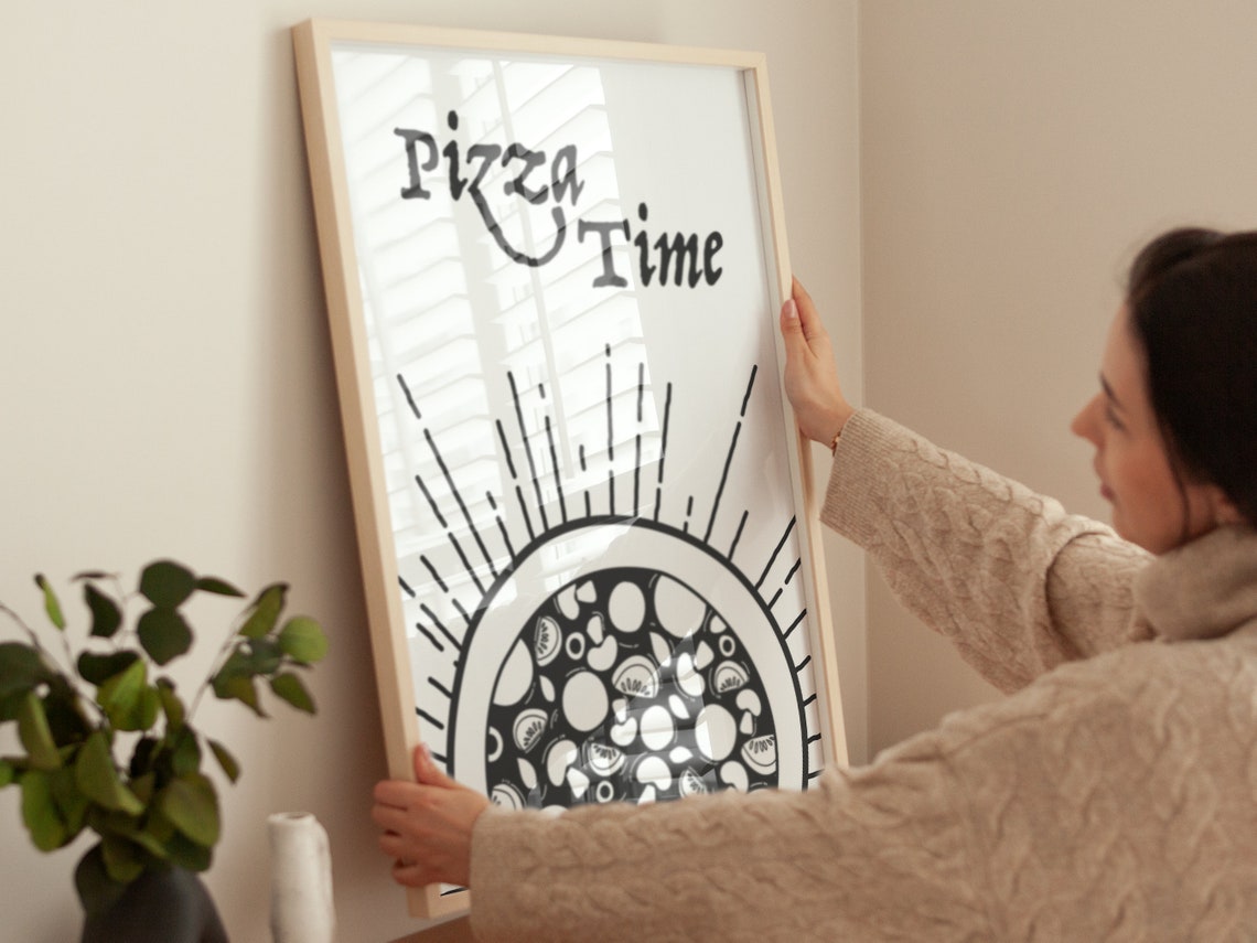 Pizza Time Whole Pizza Black Line Art Retro Kitchen Decor Wall Poster - Image 4