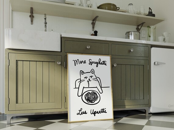 More Spaghetti Less Upsetti Funny Black White Cat Kitchen Poster Art