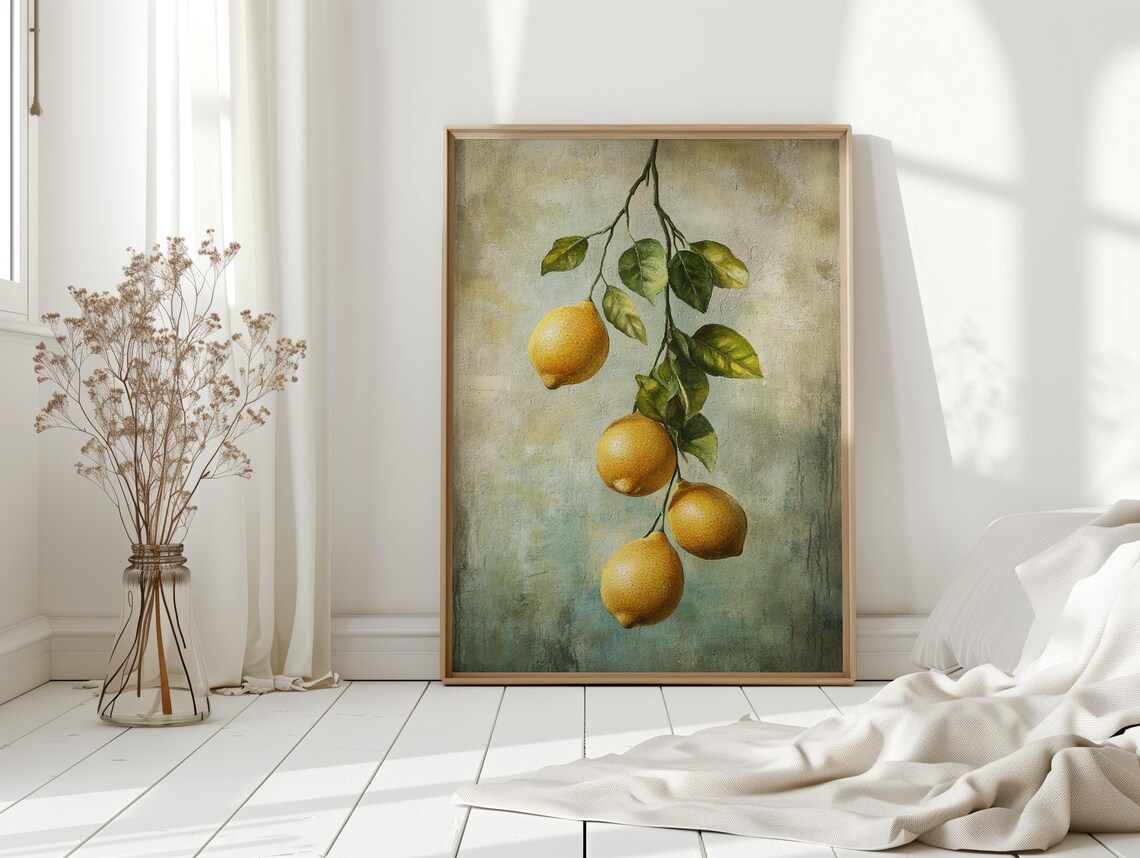 Lemon Branch Still Life, Rustic Mediterranean Decor - Image 2