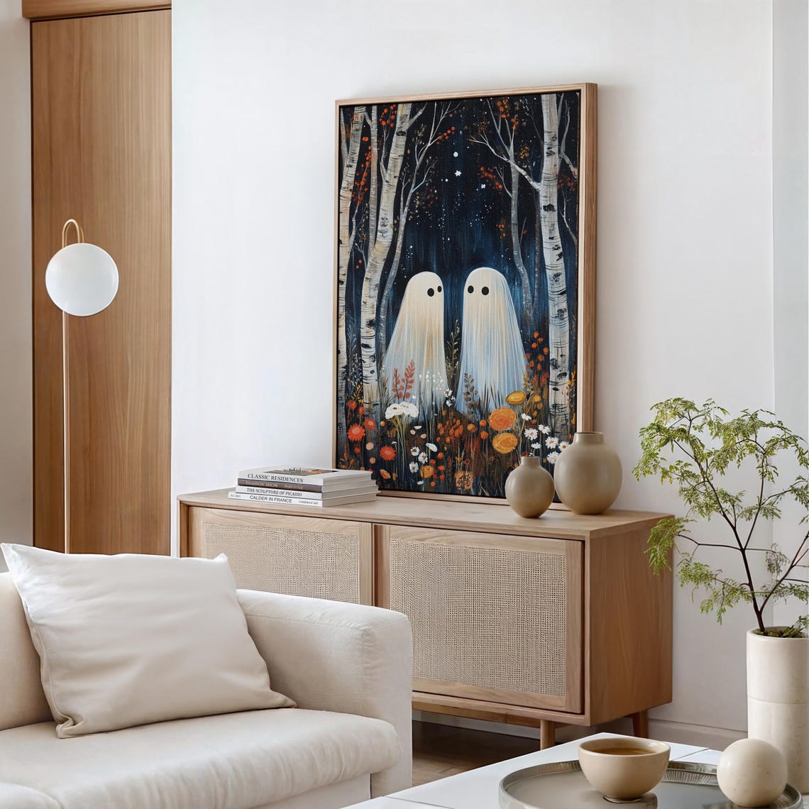 Two Friendly Ghosts in Birch Woods Fall Flowers Halloween Wall Print - Image 3