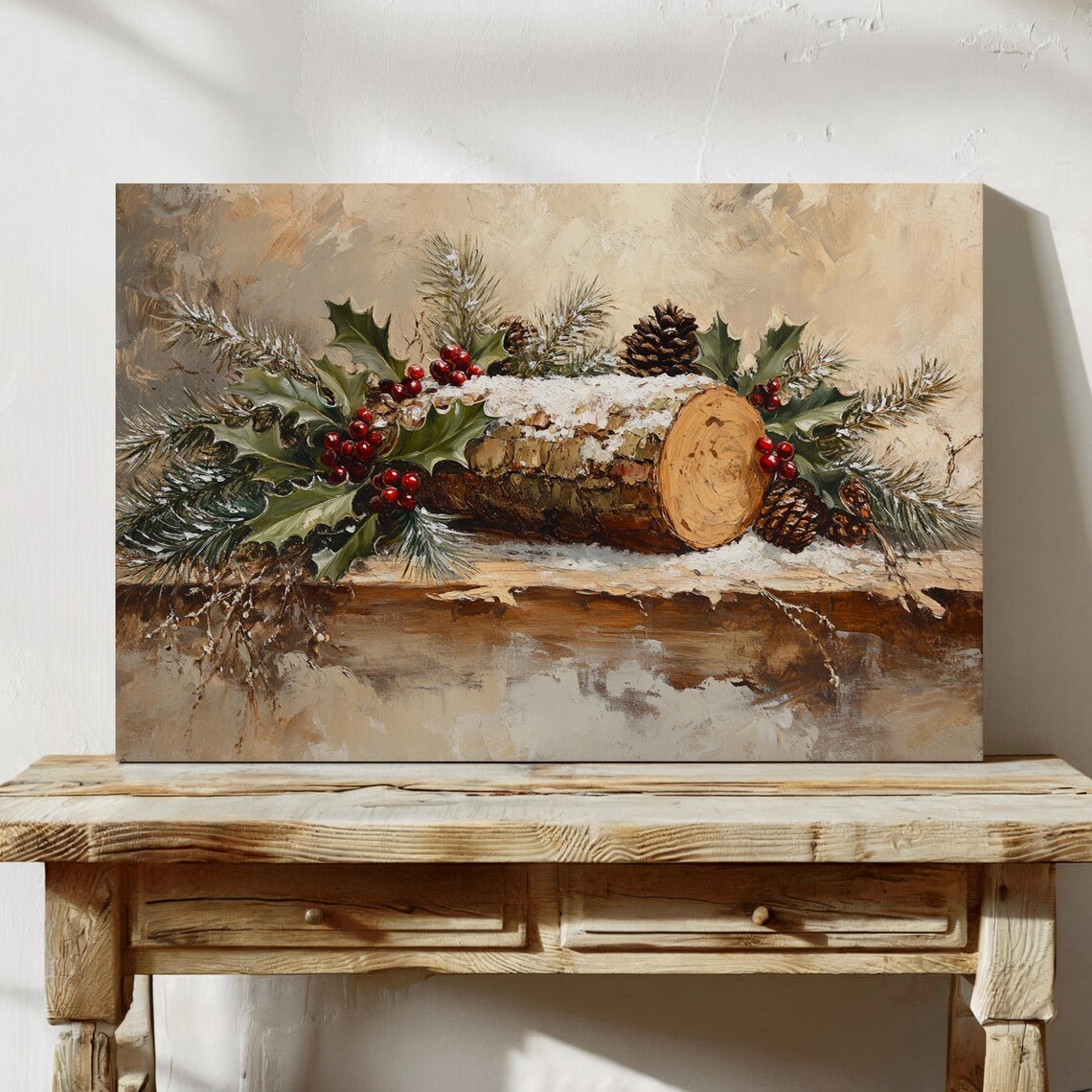 Vintage Christmas Log With Holly Pinecones And Snow Holiday Poster - Image 4