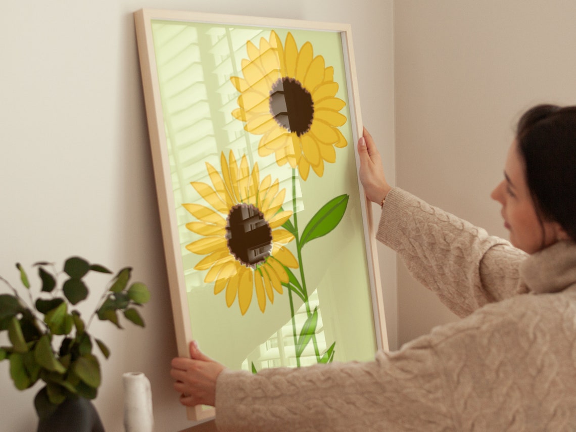 Two Large Yellow Sunflowers Green Stems Pale Botanical Poster - Image 4