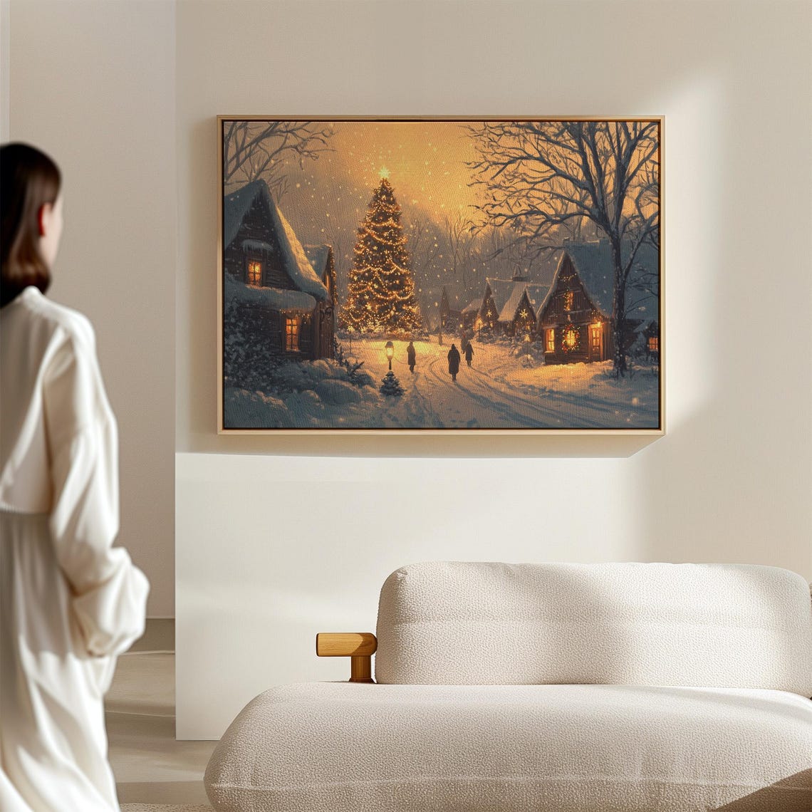 Golden Christmas Village Glowing Tree Warm Snowy Holiday Scene Poster - Image 2
