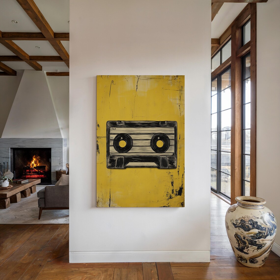 Retro Cassette Tape Illustration Yellow Grunge Music Wall Art Poster - Image 2