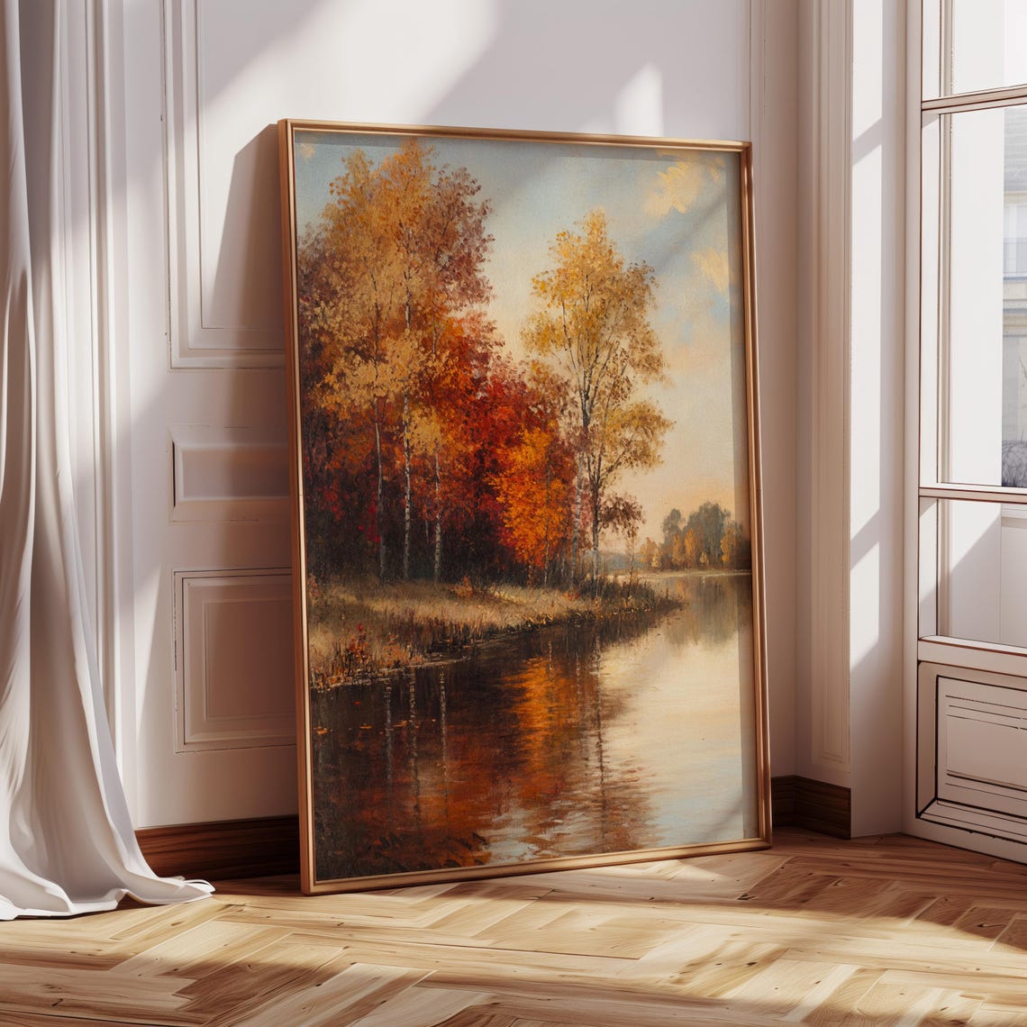 Rustic Autumn River Landscape, Fall Trees Reflected On Water - Image 5