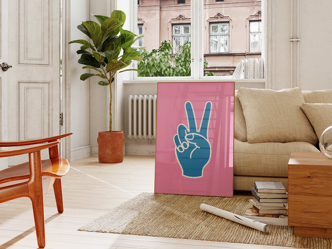 Blue Peace Sign Hand Vibrant Hot Pink Pop Art Statement Poster