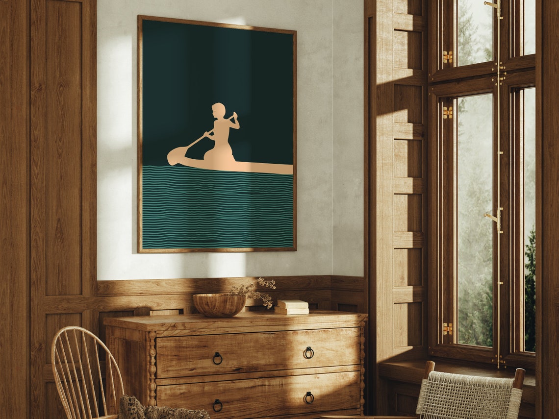 Boho Woman Paddle Board Peach Silhouette Teal Water Sports Poster - Image 2