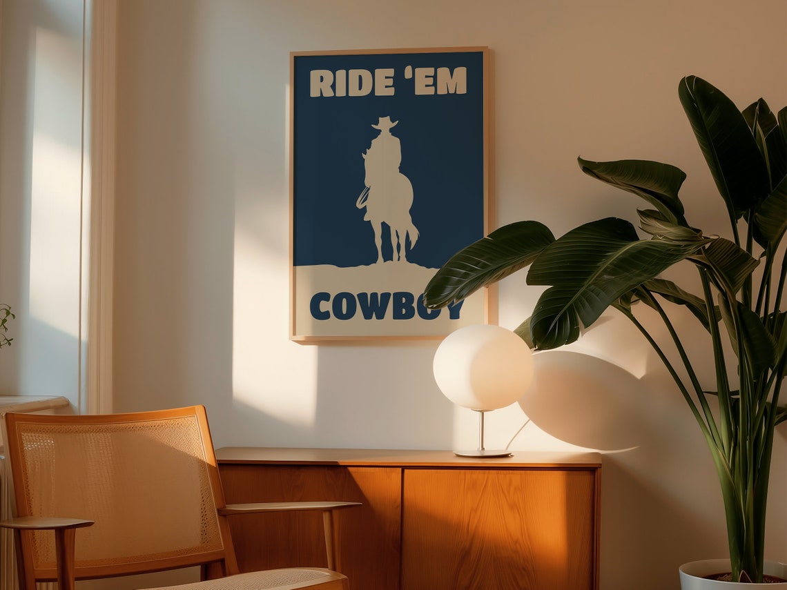 Ride Em Cowboy Lone Rider Silhouette Navy Vintage Western Art Poster - Image 2
