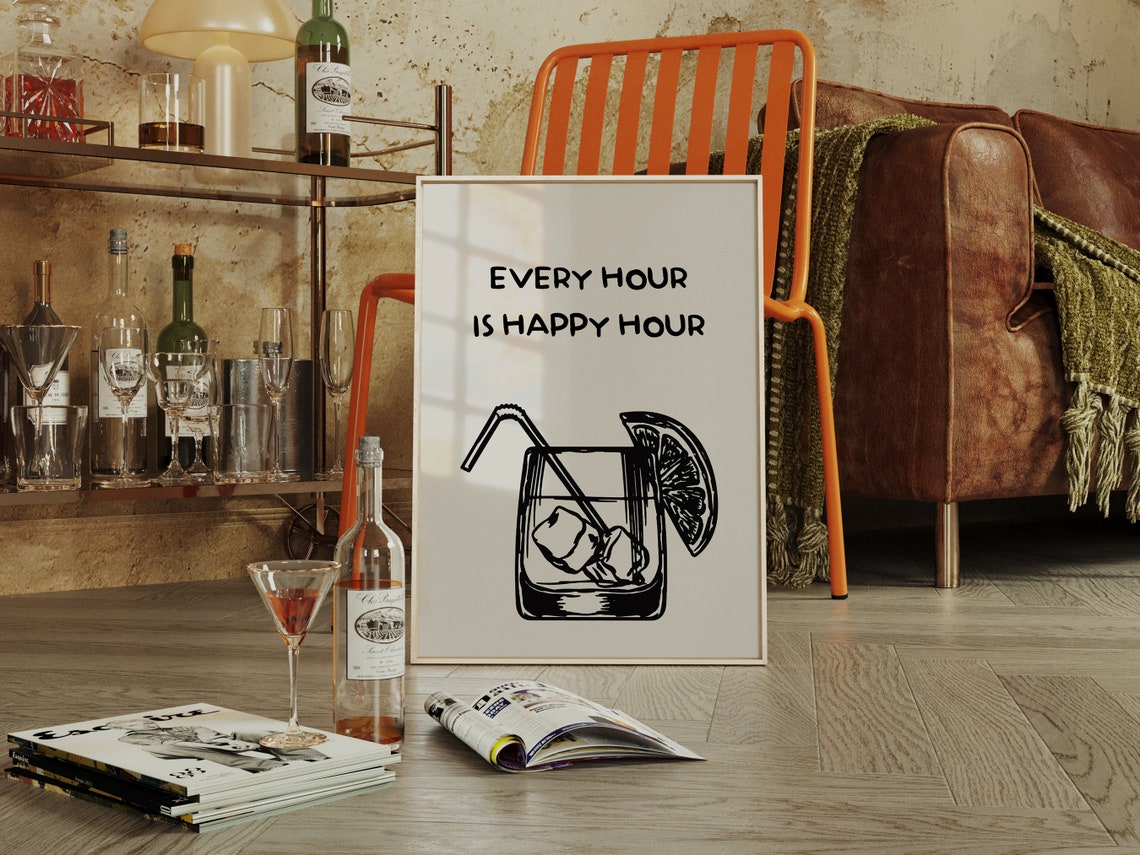 Every Hour Is Happy Hour Bar Cart Poster Boho Minimalist Prints Modern Art Minimalist Bar Art File - Image 2