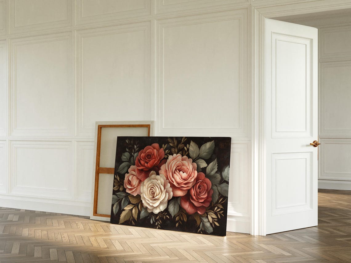 Red Blush Cream Rose Bouquet Vintage Baroque Floral Still Life Poster - Image 4