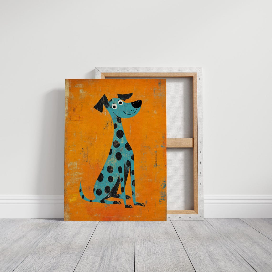 Blue Spotted Cartoon Dog Orange Background Whimsical Pet Art Poster - Image 3