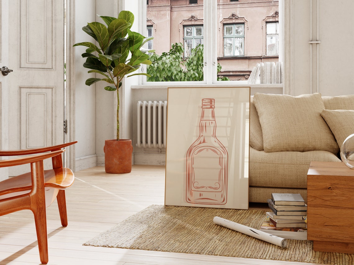 Terracotta Whiskey Bottle Line Art Minimalist Bar Wall Poster - Image 4