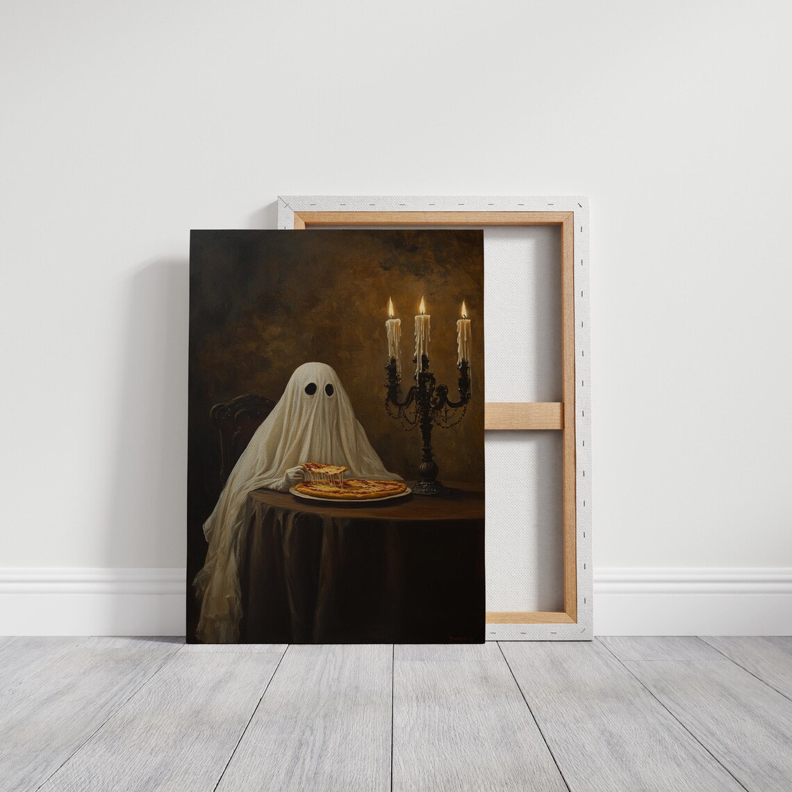 Ghost Enjoying Pizza Slice Candlelit Halloween Gothic Spooky Art Poster - Image 5