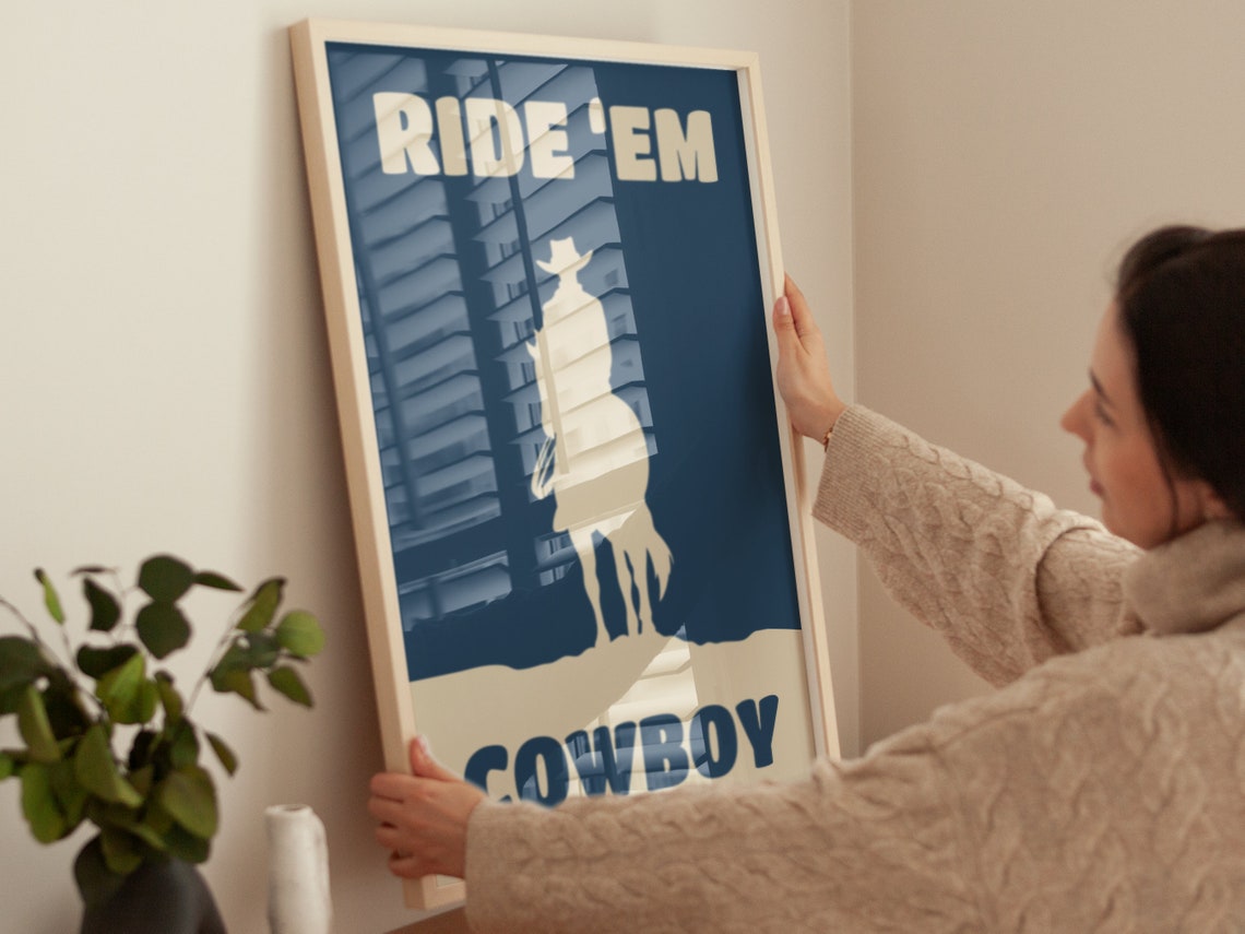 Ride Em Cowboy Silhouette Navy Blue Retro Western Wall Art Poster - Image 4