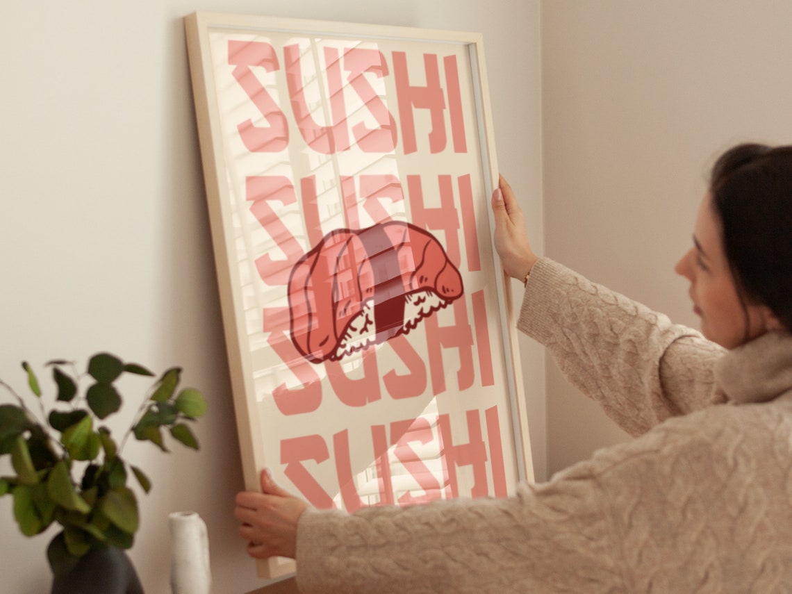 Nigiri Salmon Sushi Retro Typography Minimal Kitchen Dining Wall Art - Image 4