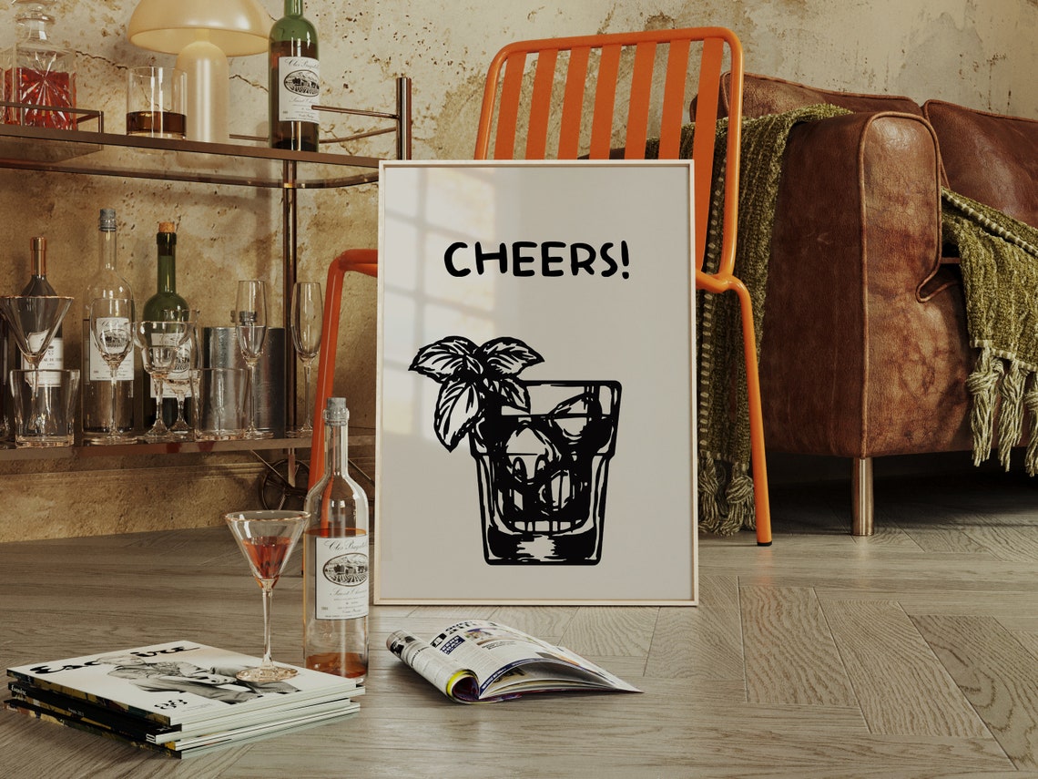 Cheers Cocktail Glass Sketch Black White Bar Cart Kitchen Wall Art - Image 2