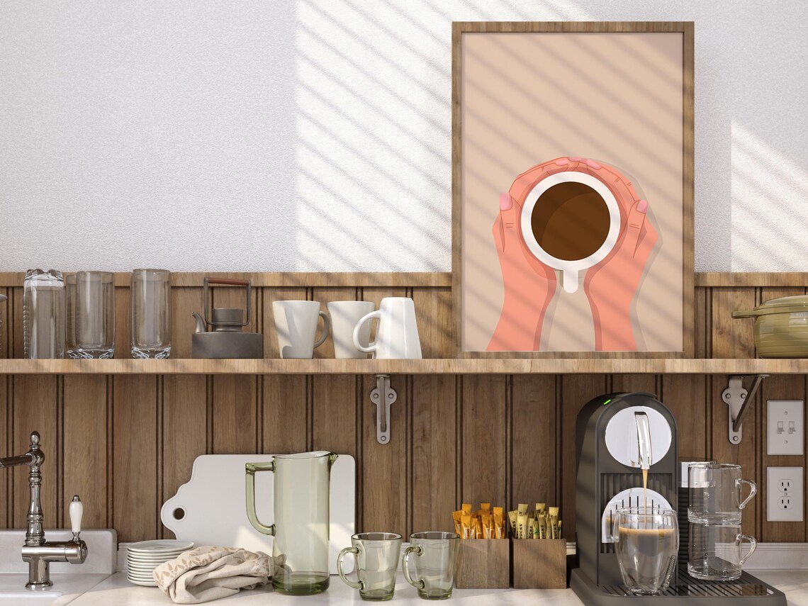 Coffee Cup Wall Art, Minimalist Cozy Kitchen Decor