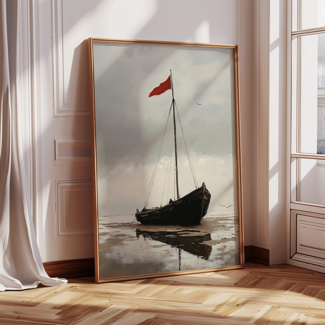 Moody Sailboat Seascape, Vintage Coastal Decor