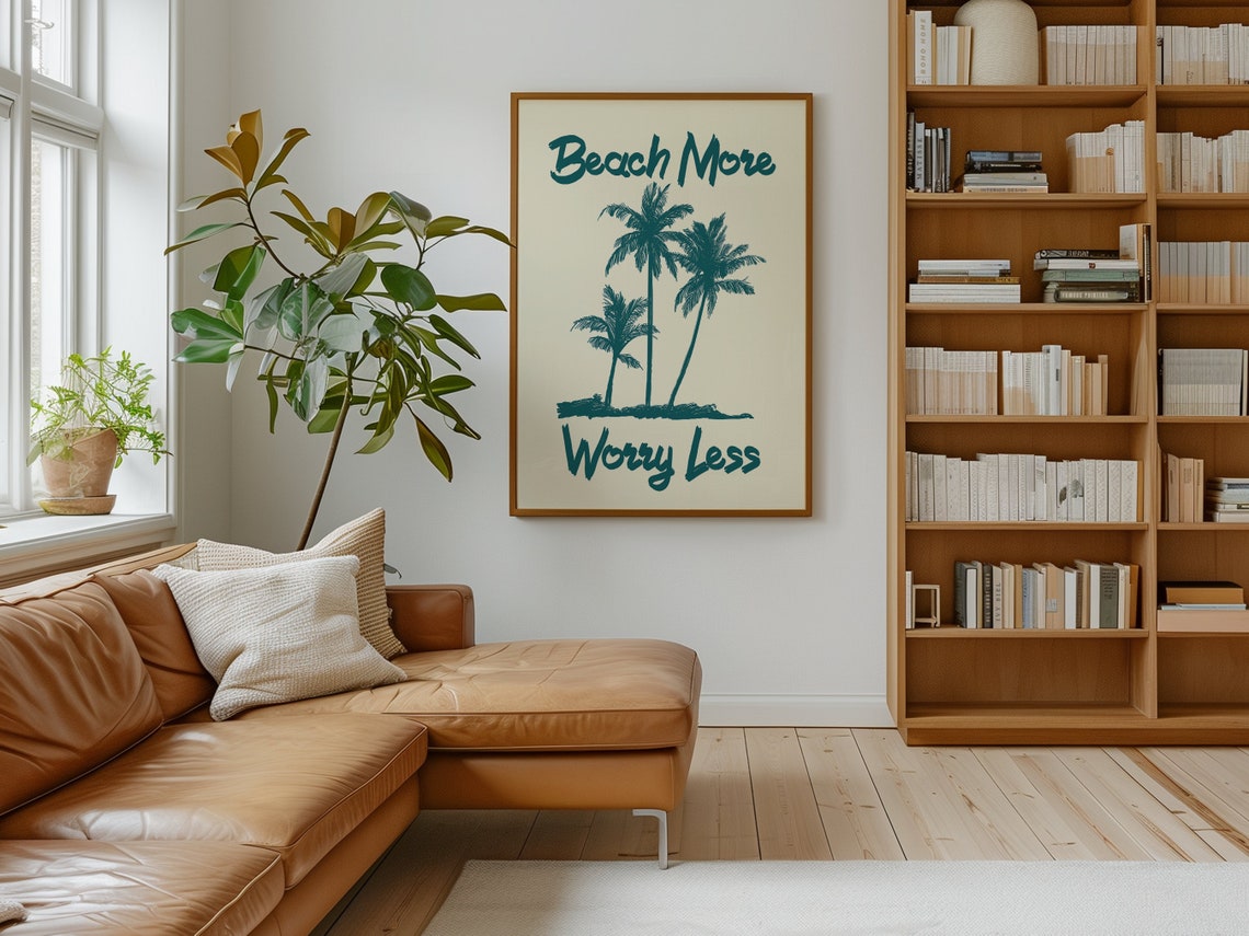 Beach More Worry Less Palm Trees Teal Retro Coastal Wall Art - Image 2