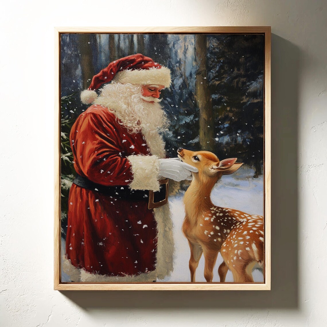 Santa Claus With Spotted Fawn In Snowy Winter Forest Christmas Poster - Image 2