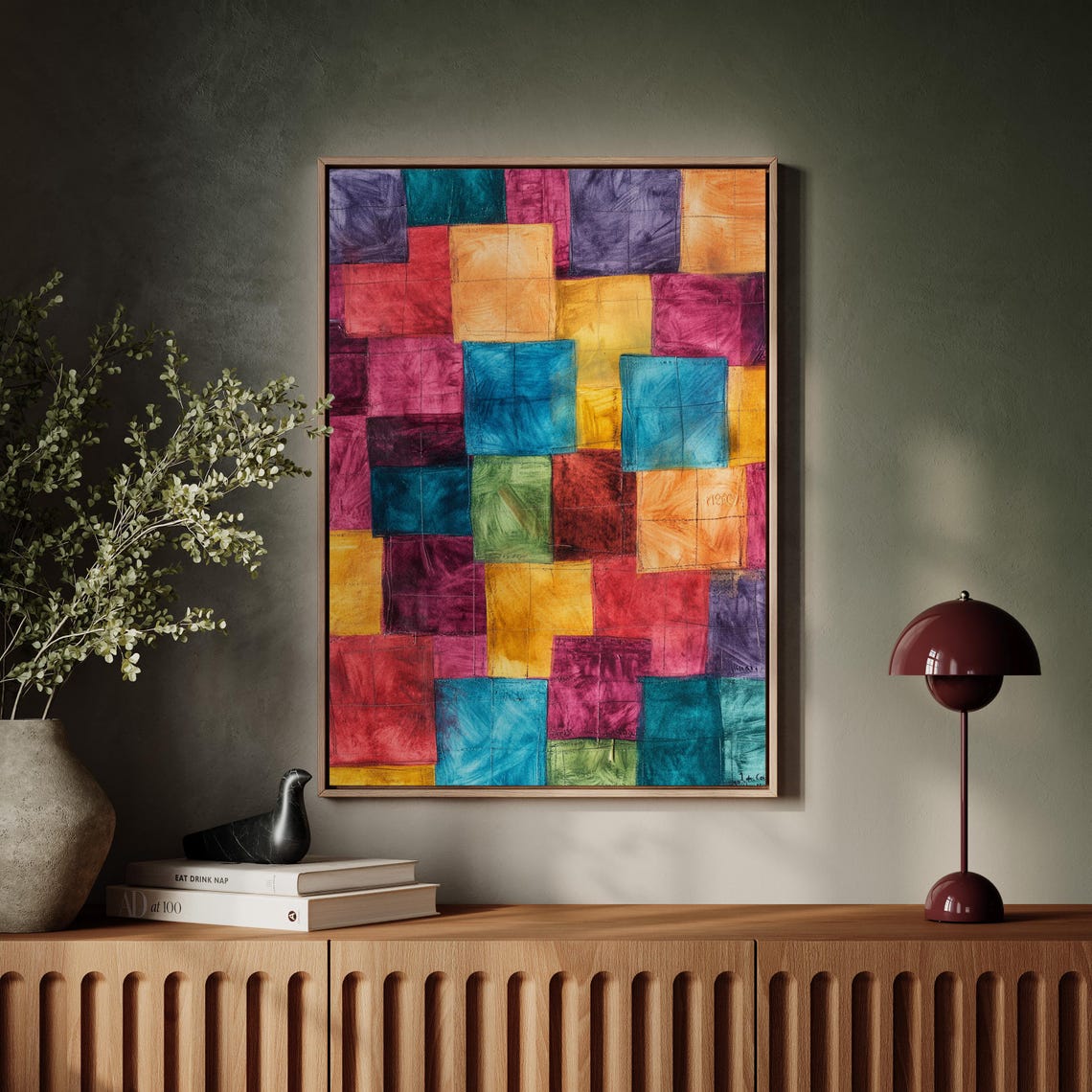 Bold Abstract Artwork Featuring Vibrant Geometric Squares In Blue Red Orange And Green Tones With Textured Brushstrokes - Image 3