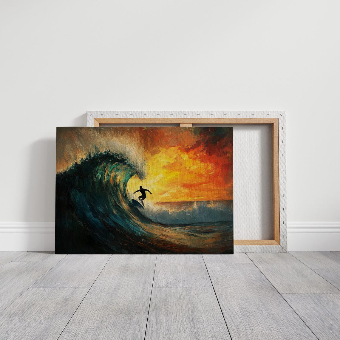 Surfer In Curling Wave Barrel Dramatic Sunset Ocean Wall Art - Image 2