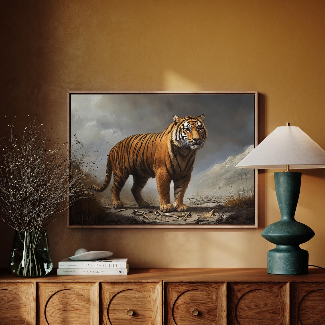 Regal Tiger In The Mountains, Rustic Nature Art Print - Image 5