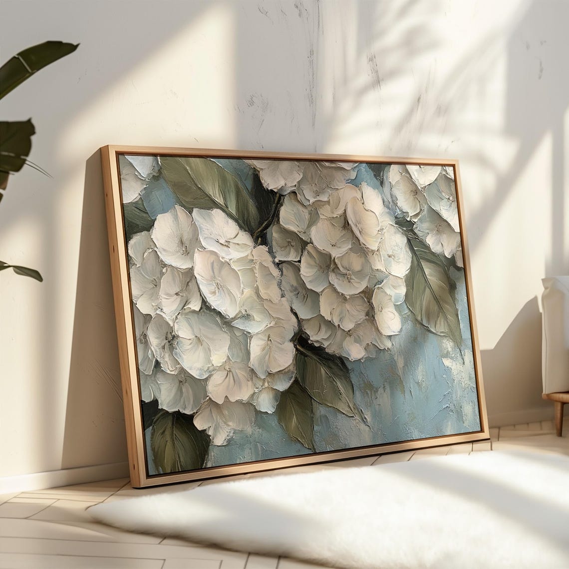 White Hydrangea Clusters Impasto Style Soft Blue Floral Wall Art - Image 5