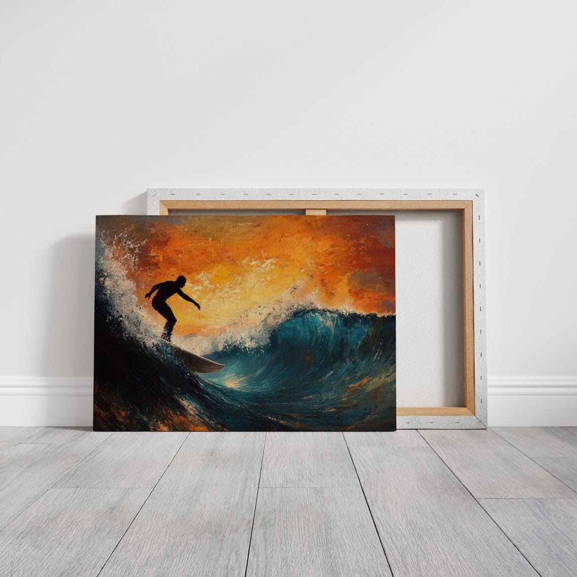 Surfer Silhouette Riding Sunset Wave Teal Orange Ocean Wall Art - Image 2
